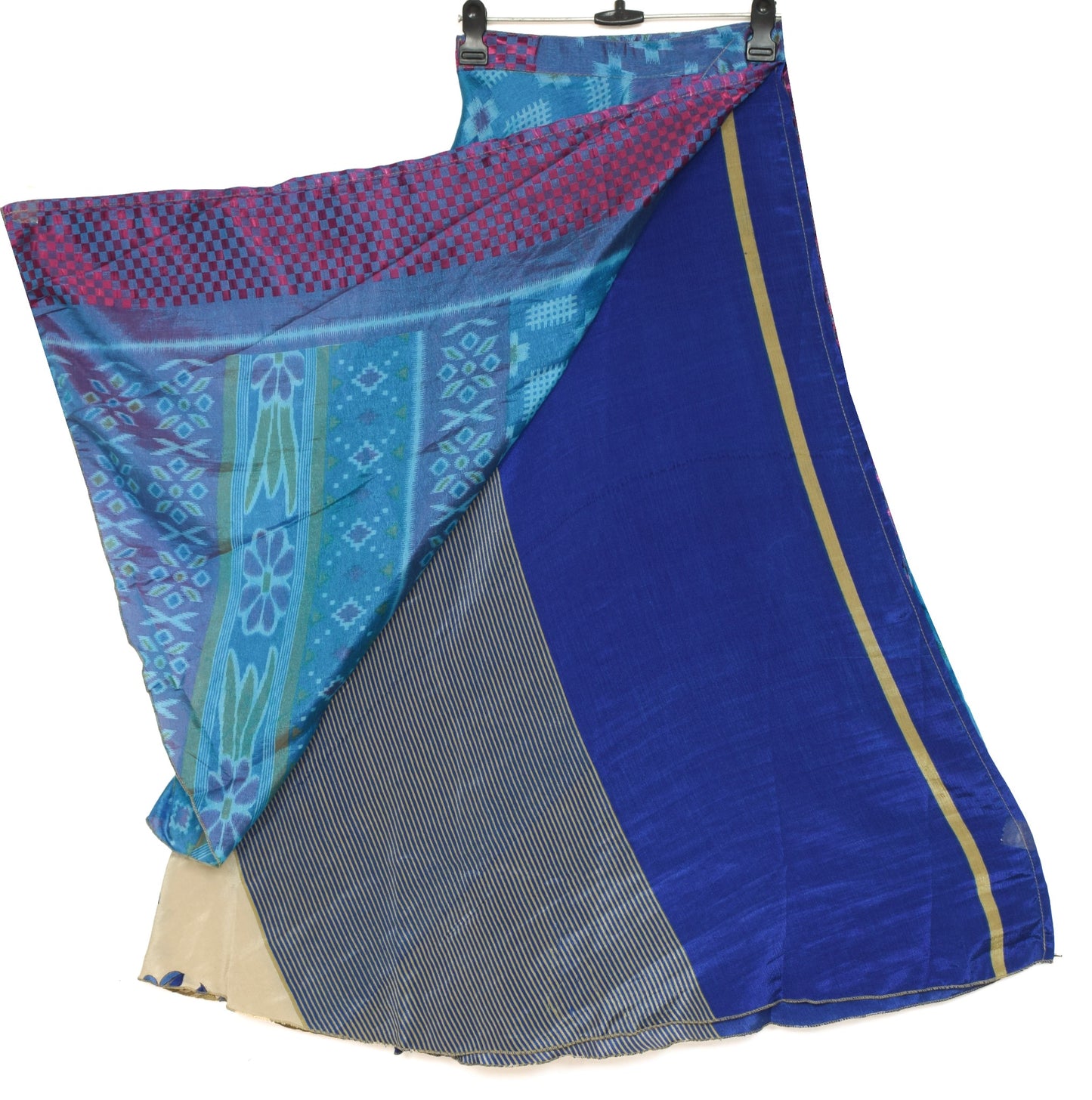 Sushila Vintage Blue  Silk Saree Magic Wrap Reversible Skirt Beach Dress Hippie