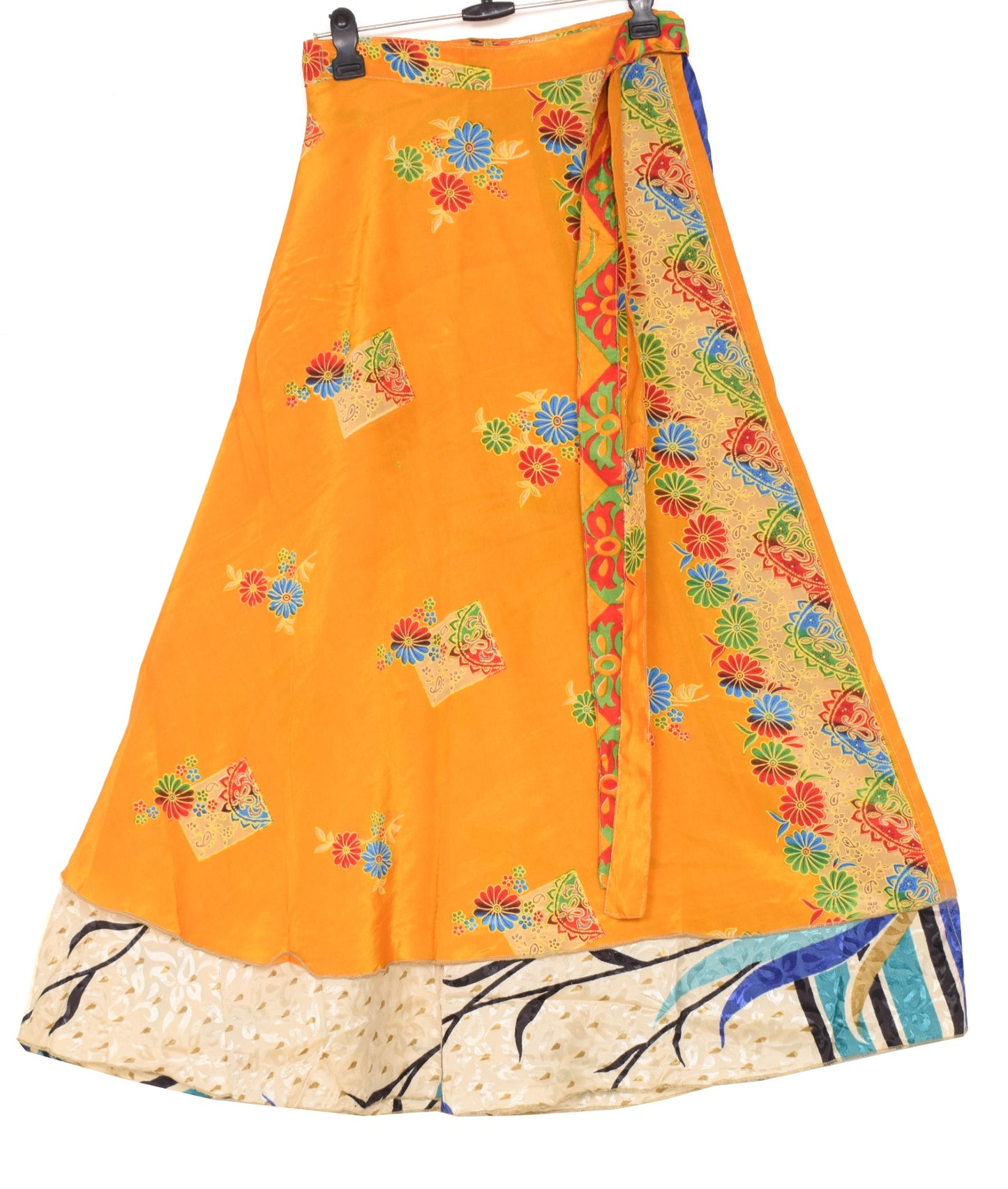 Sushila Vintage Cream Orange Silk Saree Magic Wrap Reversible Skirt Beach Dress