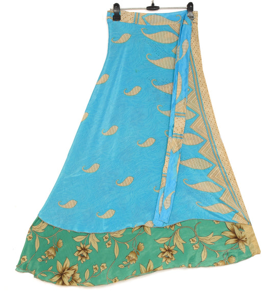 Sushila Vintage Sky Blue Art Silk Saree Magic Wrap Reversible Skirt Beach Dress