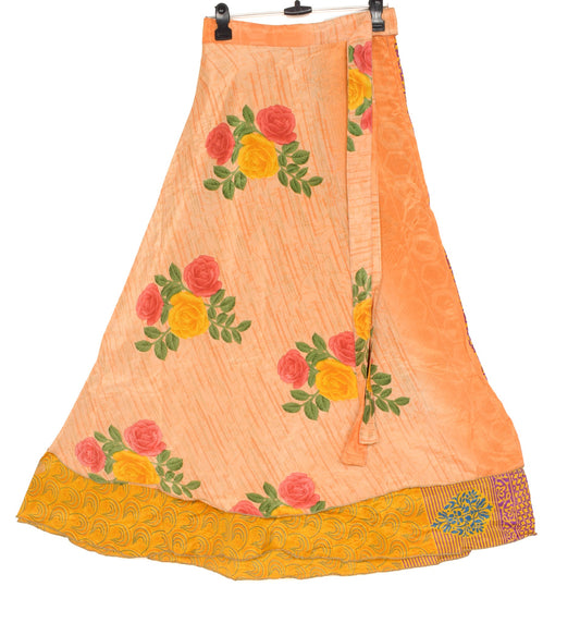 Sushila Vintage Floral Silk Saree Magic Wrap Reversible OrangeSkirt Beach Dress