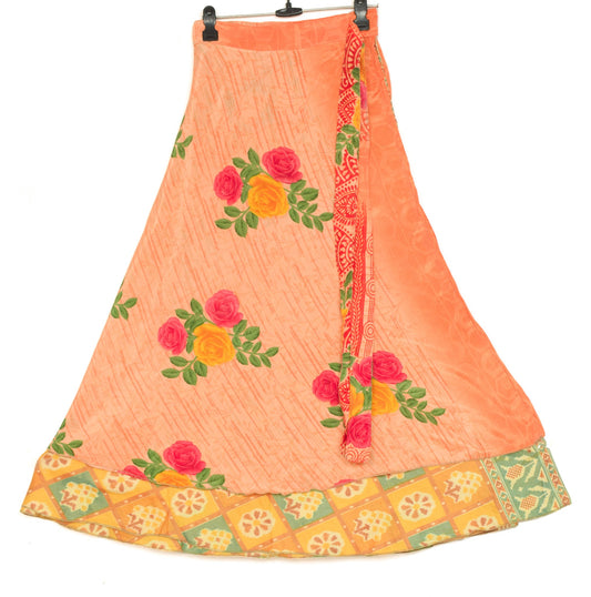 Sushila Vintage Orange Floral Silk Saree Magic Wrap Reversible Skirt BeachDress