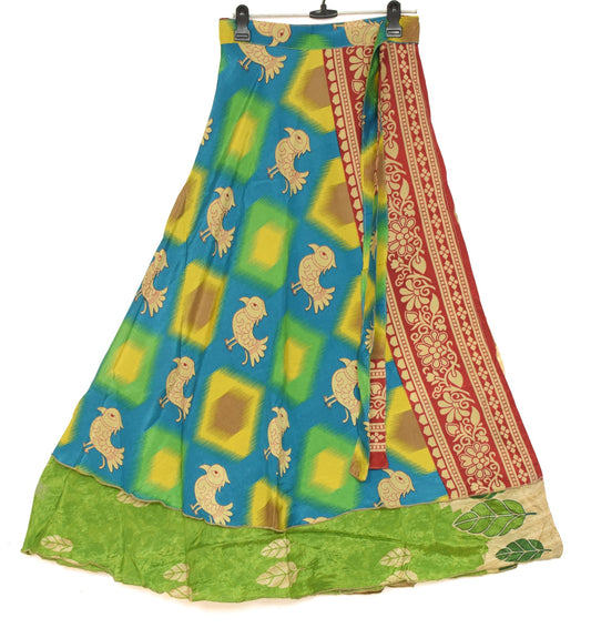 Sushila Vintage Blue Silk Saree Magic Wrap Reversible Skirt Birds Beach Dress