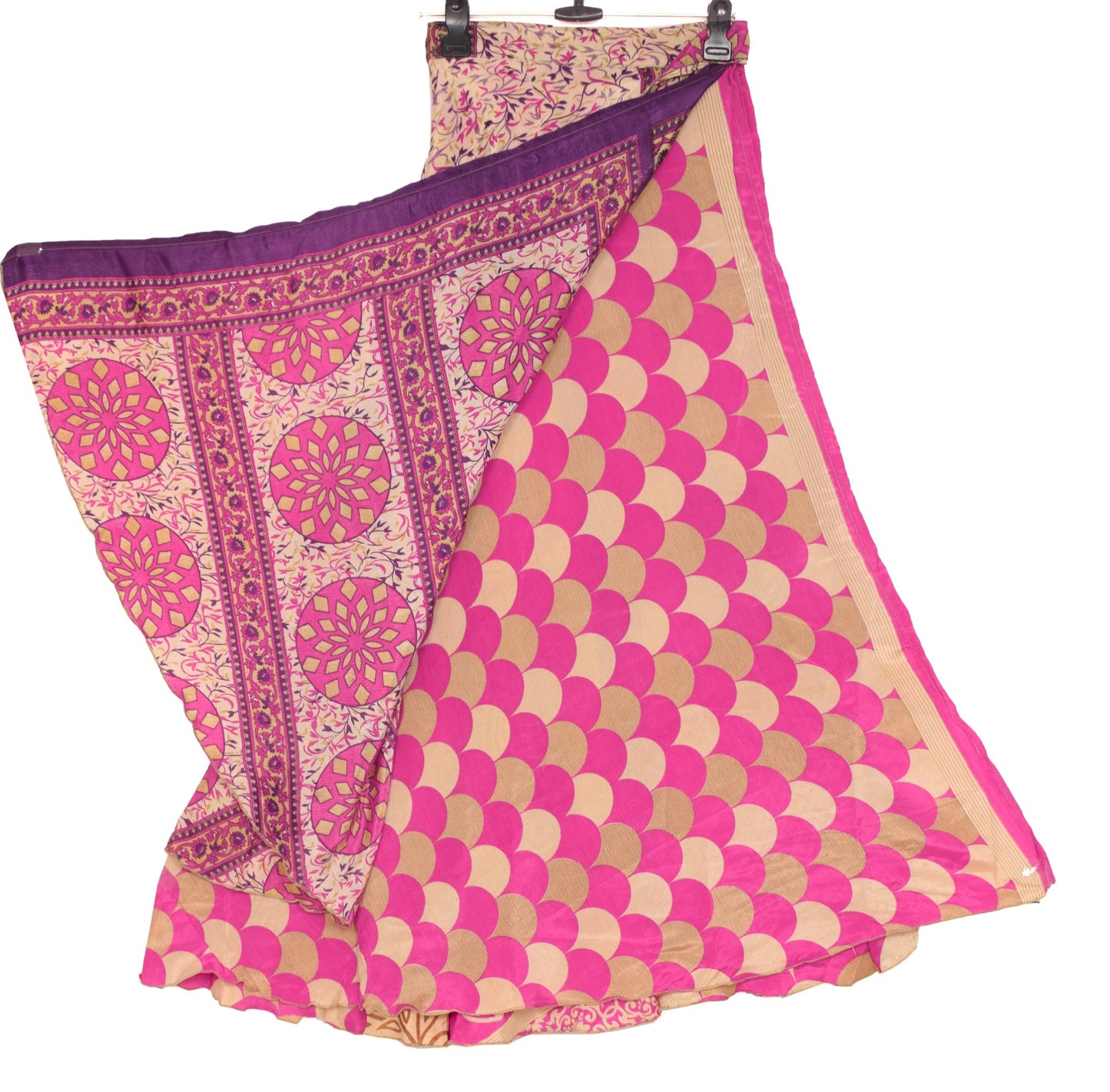 Sushila Vintage Cream Pink Silk Saree Magic Wrap Reversible Skirt Beach Dress