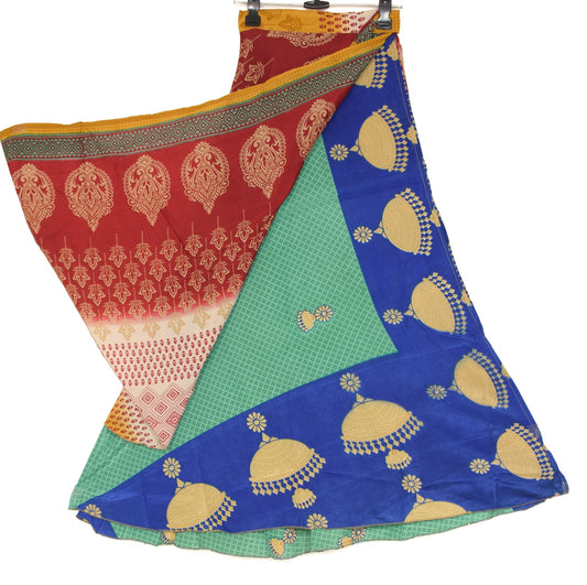 Sushila Vintage Silk Saree Magic Wrap Reversible Skirt Green Blue Beach Dress