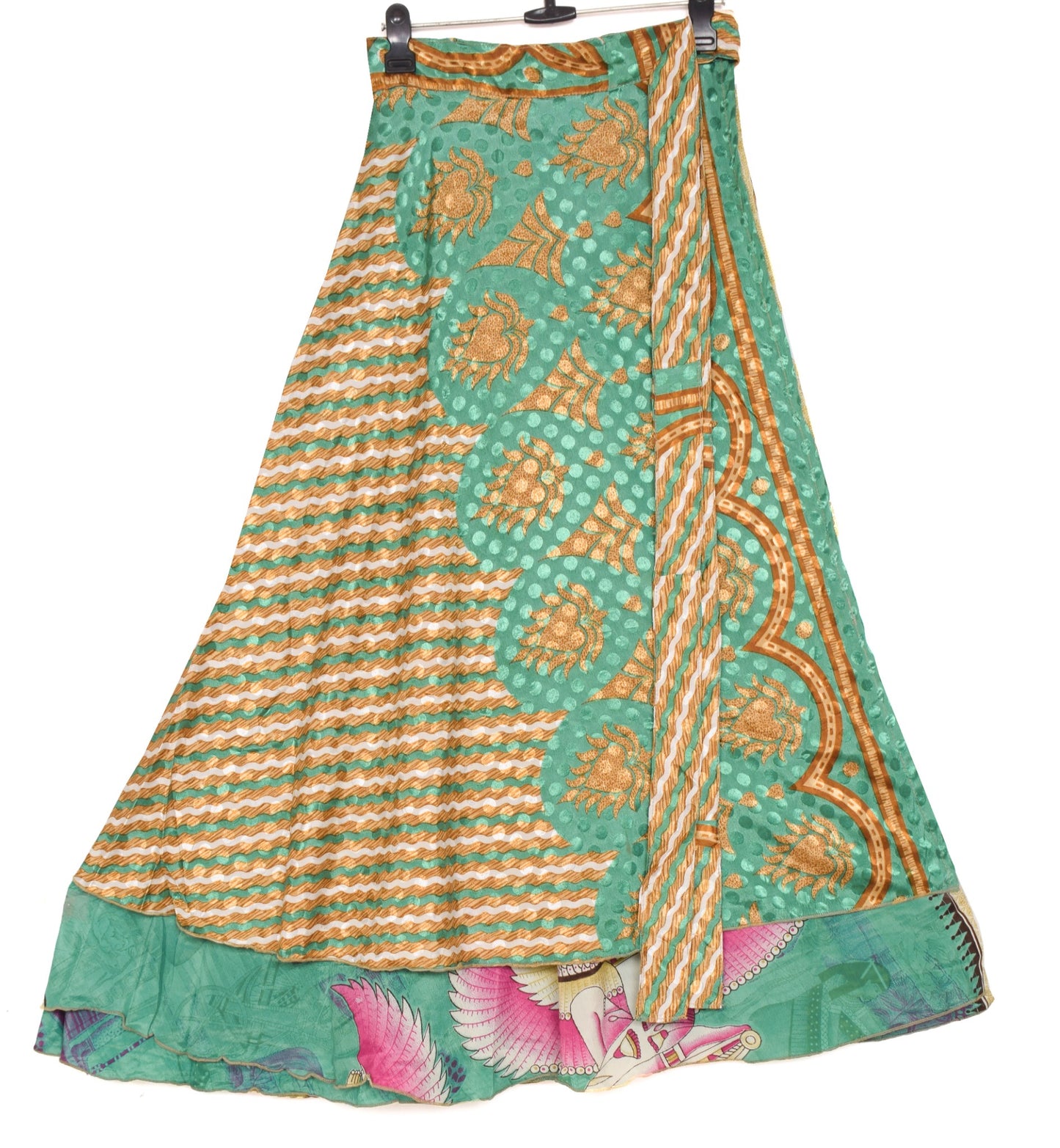 Sushila Vintage Green Silk Saree Magic Wrap Reversible Skirt Beach Dress Hippie