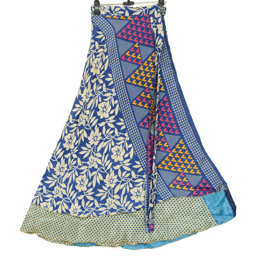 Sushila Vintage Blue Silk Saree Magic Wrap Reversible Skirt Dot Beach Dress