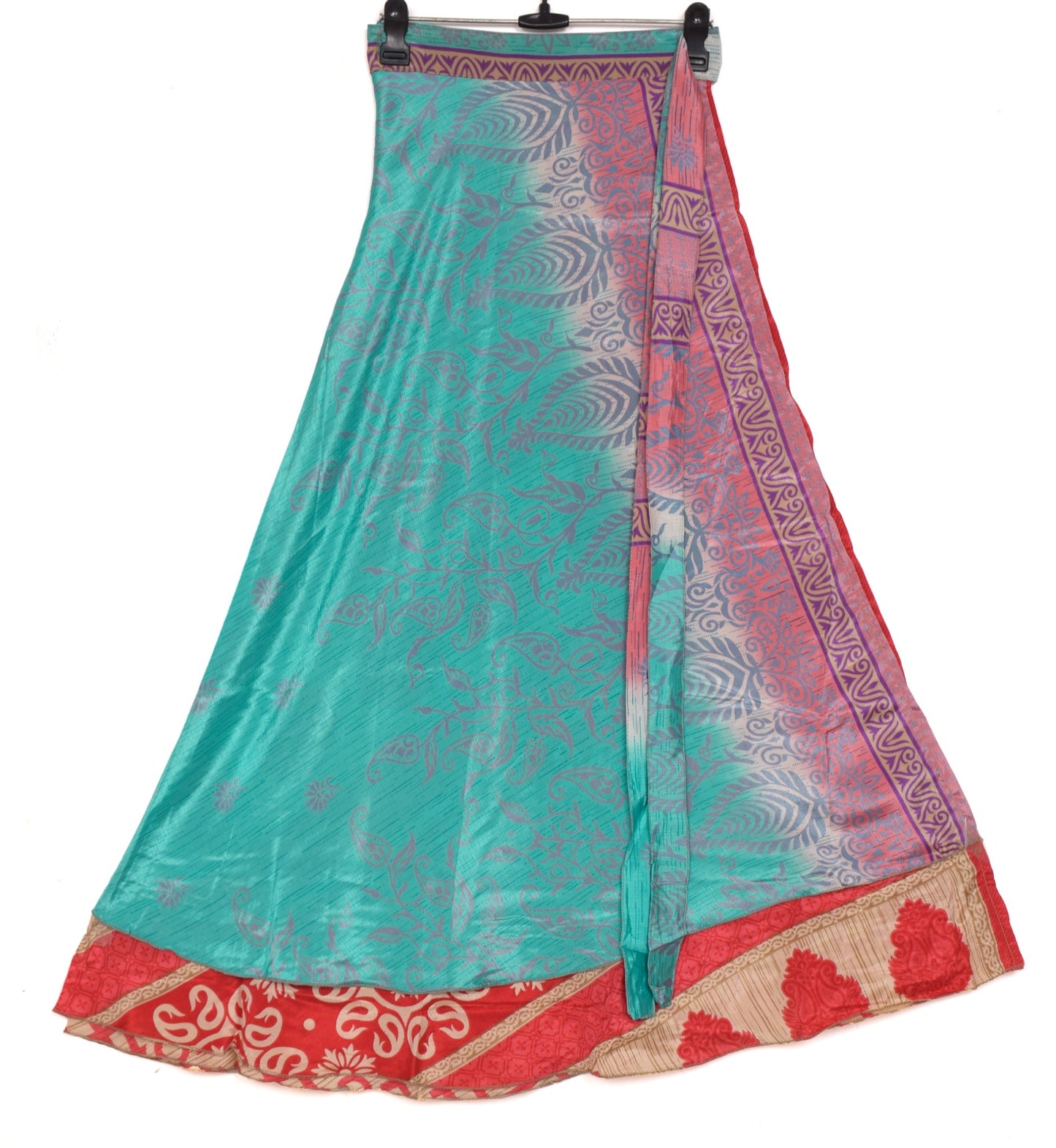 Sushila Vintage Aqua Blue Silk Saree Magic Wrap Reversible Skirt Beach Dress