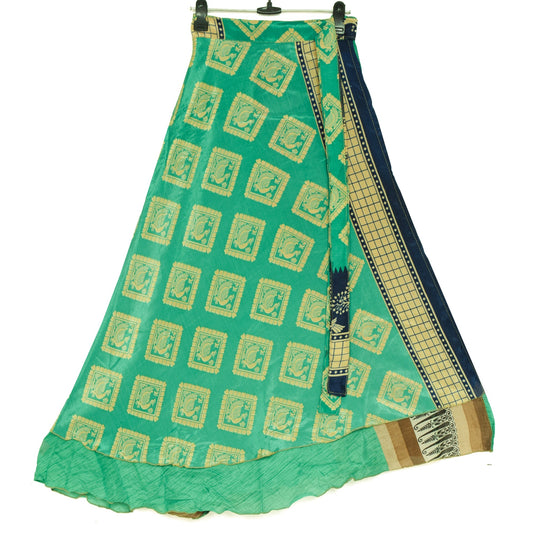 Sushila Vintage Aqua Green Silk Saree Magic Wrap Reversible Skirt Beach Dress