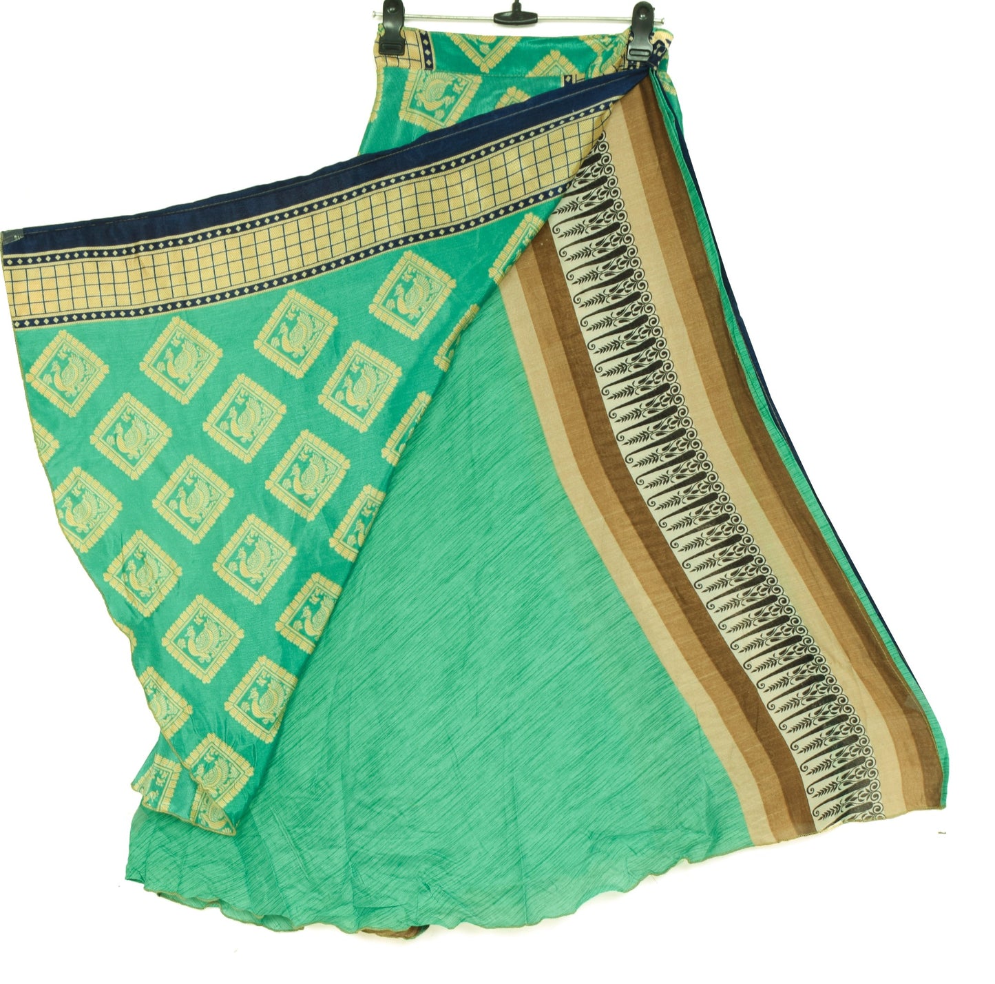 Sushila Vintage Aqua Green Silk Saree Magic Wrap Reversible Skirt Beach Dress