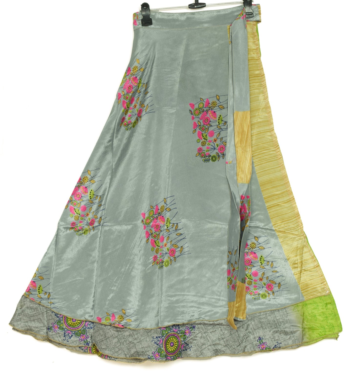 Sushila Vintage Silk Saree Magic Wrap Reversible Skirt Gray Green Beach Dress