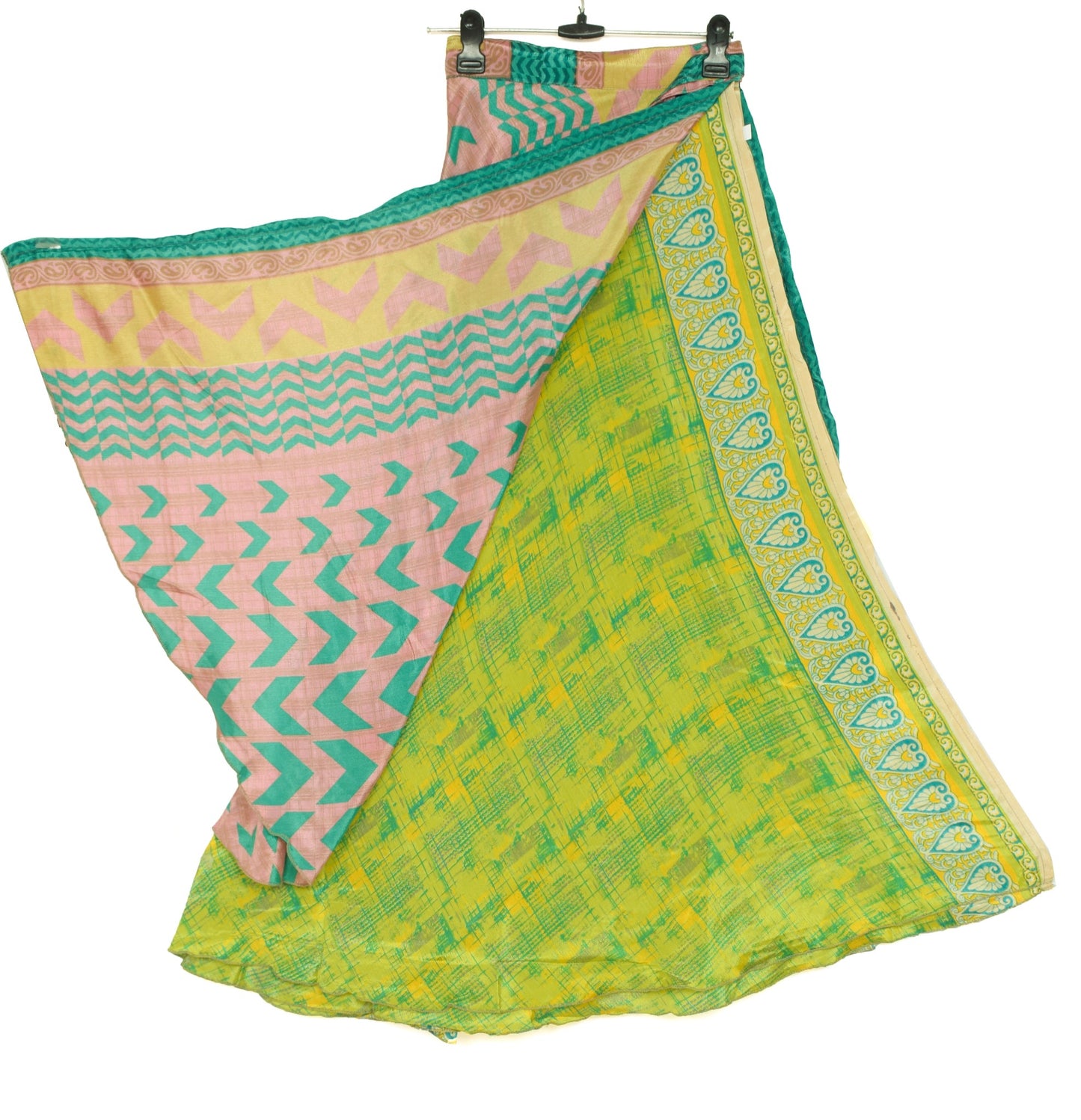 Sushila Vintage Silk Saree Magic Wrap Pink Green Reversible Skirt Beach Dress