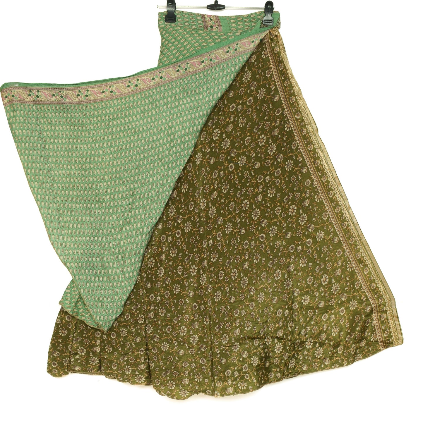 Sushila Vintage Henna Green Silk Saree Magic Wrap Reversible Skirt Beach Dress