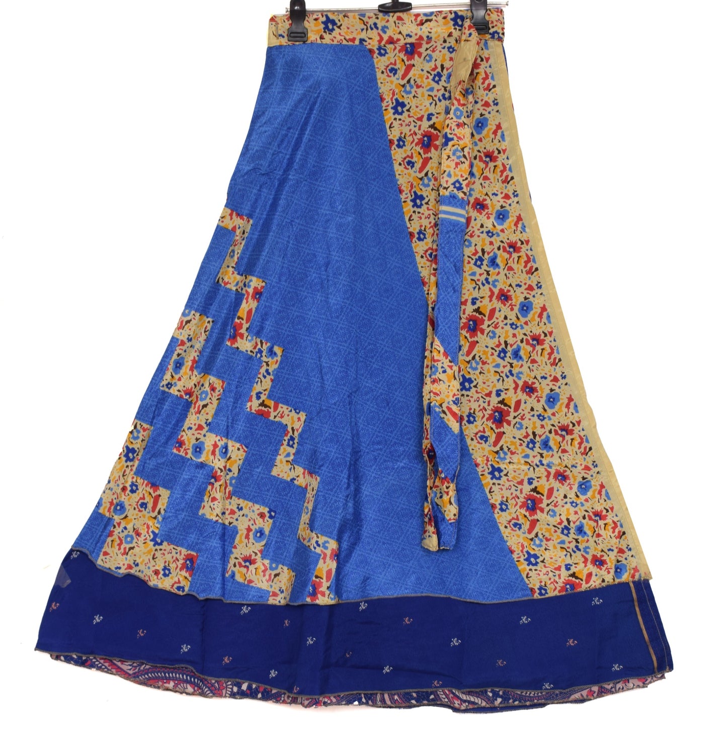 Sushila Vintage Art Silk Saree Magic Wrap Blue Reversible Skirt Beach Dress Boho