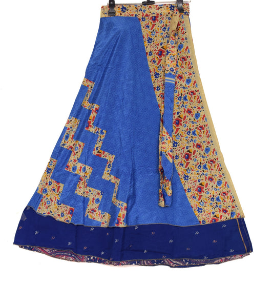 Sushila Vintage Art Silk Saree Magic Wrap Blue Reversible Skirt Beach Dress Boho