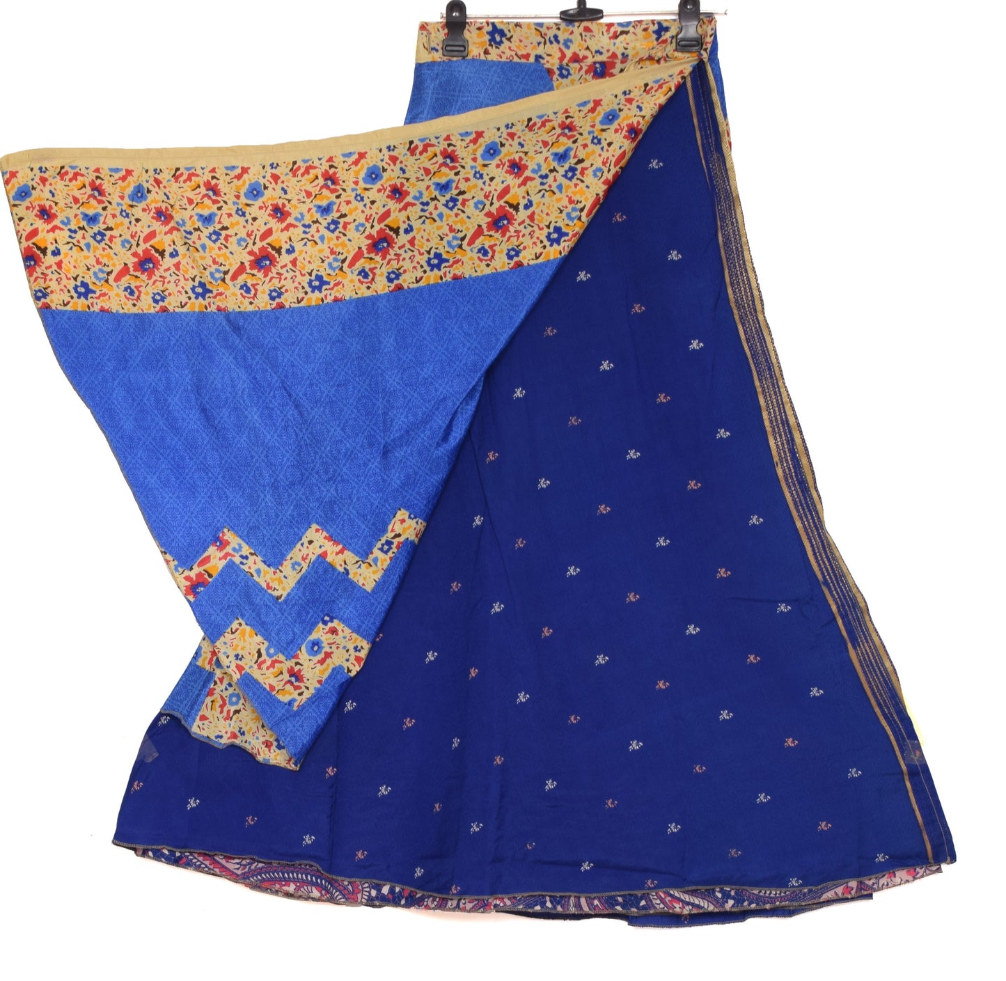 Sushila Vintage Art Silk Saree Magic Wrap Blue Reversible Skirt Beach Dress Boho