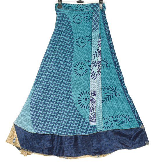 Sushila Vintage Floral Blue Silk Saree Magic Wrap Reversible Skirt Beach Dress