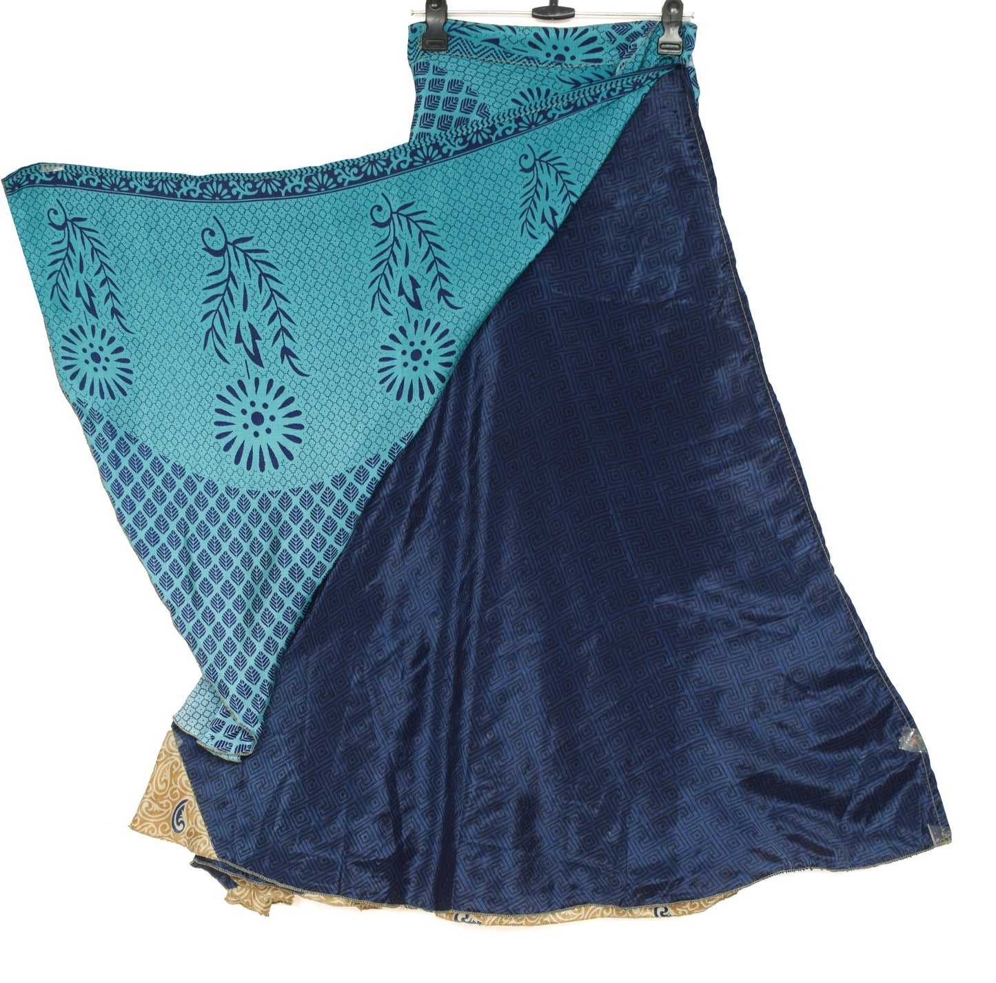 Sushila Vintage Floral Blue Silk Saree Magic Wrap Reversible Skirt Beach Dress