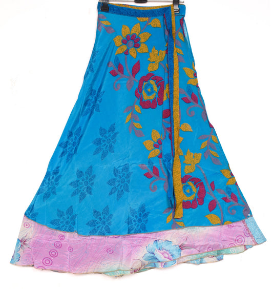 Sushila Vintage Blue Silk Saree Magic Wrap Reversible Skirt Handmade BeachDress