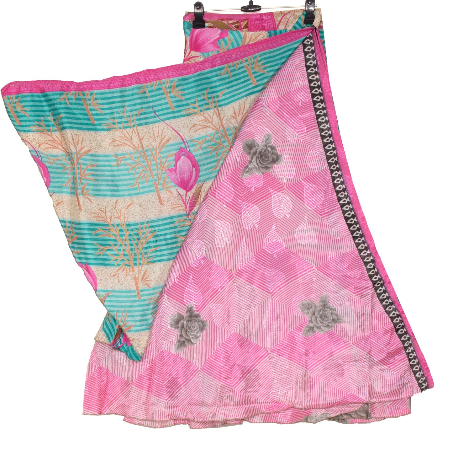 Sushila Vintage Silk Saree Magic Wrap Reversible Skirt Floral Pink Beach Dress