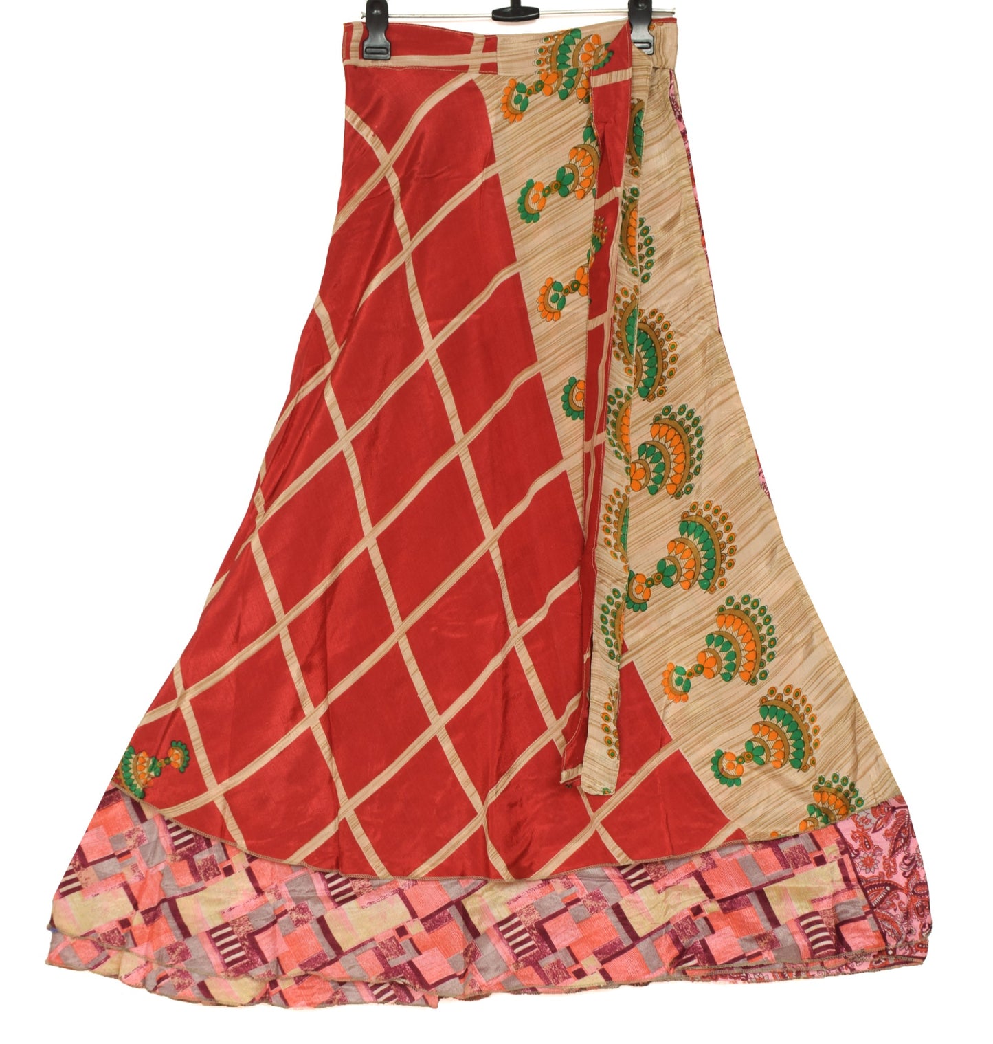 Sushila Vintage Red Antique Silk Saree Magic Wrap Reversible Skirt Beach Dress