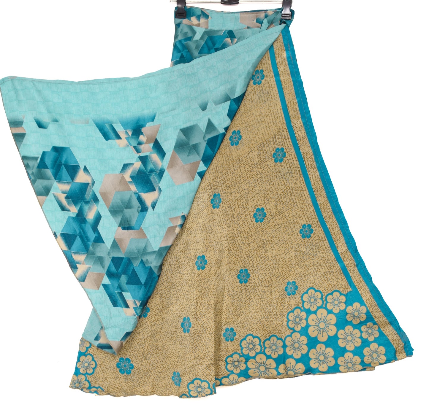 Sushila Vintage Art Silk Saree Magic Wrap Reversible Skirt Aqua Blue BeachDress