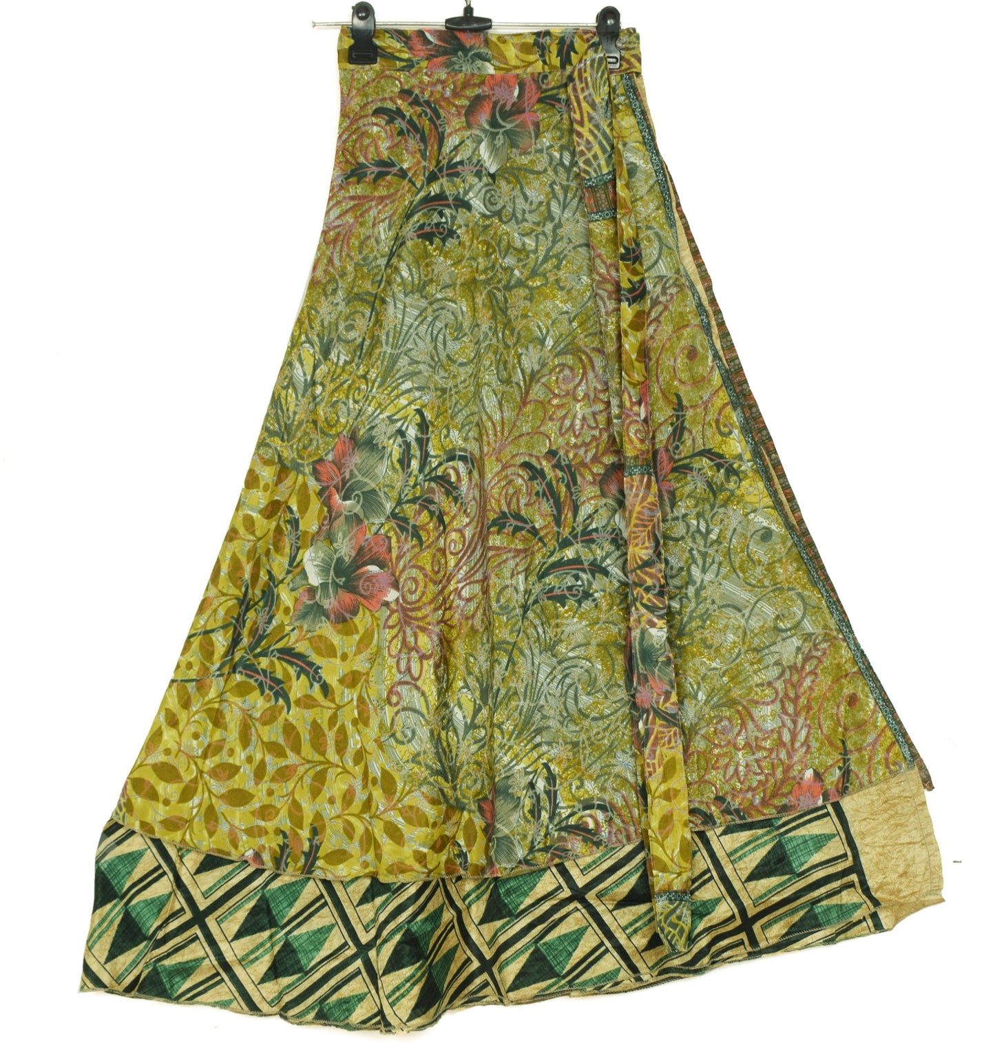 Sushila Vintage Silk Saree Magic Wrap Green Reversible Skirt Floral Beach Dress