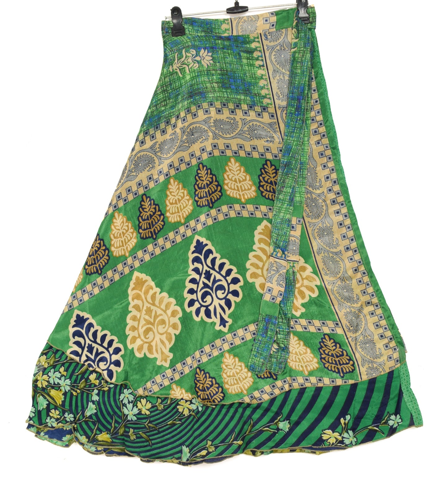 Sushila Vintage Silk Saree Magic Wrap Green Blue Reversible Skirt Beach Dress