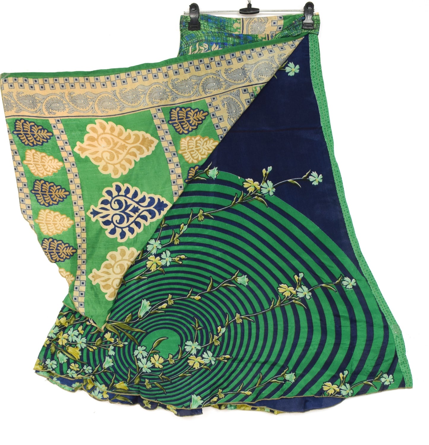 Sushila Vintage Silk Saree Magic Wrap Green Blue Reversible Skirt Beach Dress