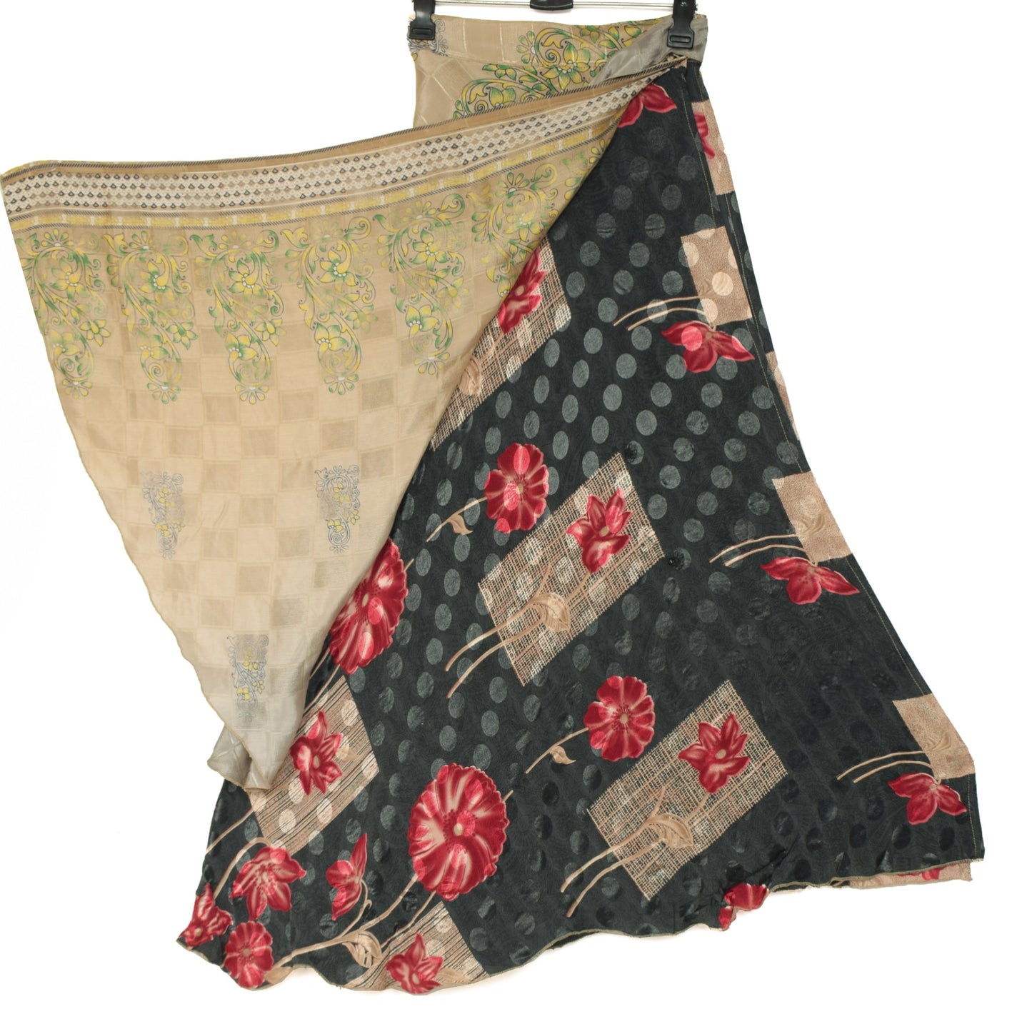 Sushila Vintage Silk Saree Magic Wrap Floral Gray Reversible Skirt Beach Dress