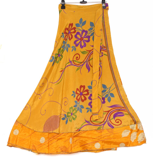 Sushila Vintage Art Silk Saree Magic Wrap Reversible Skirt Beach Dress Mustard