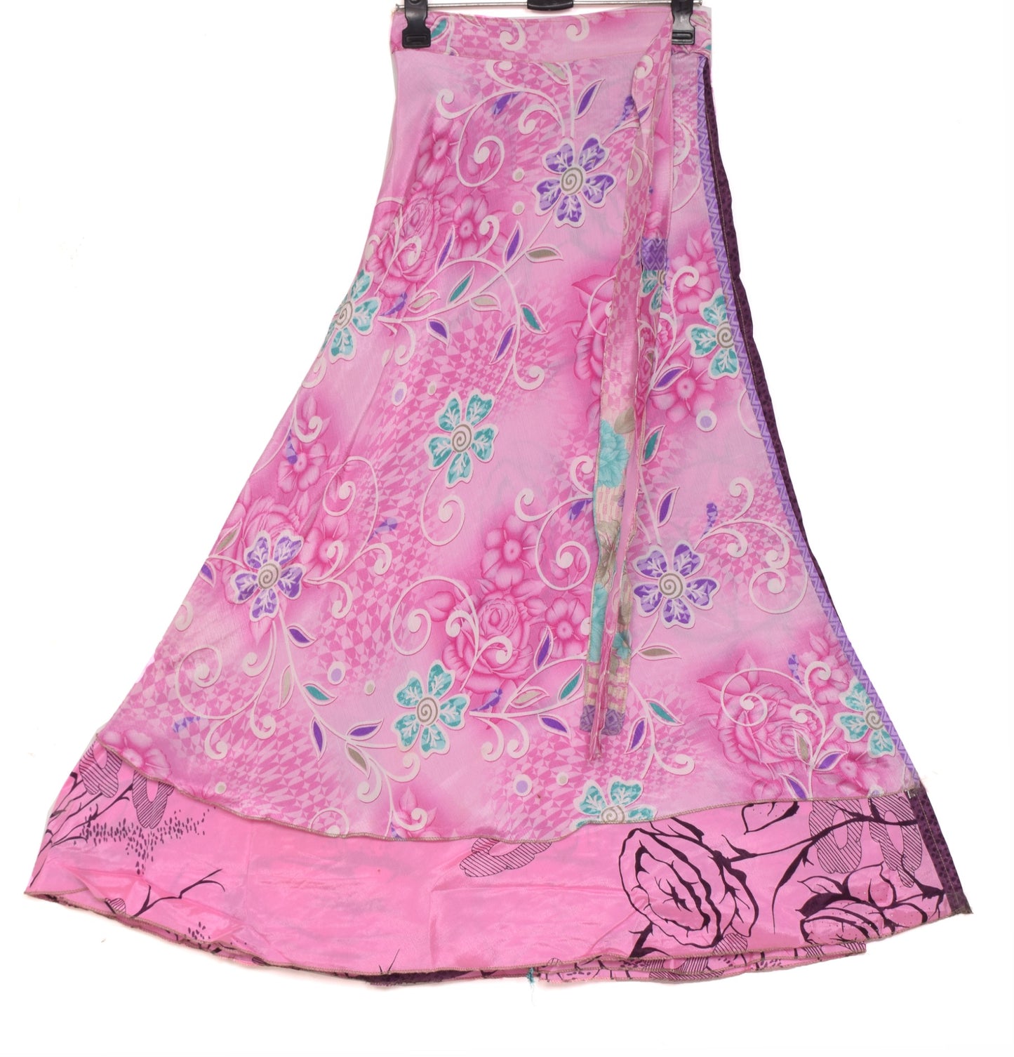 Sushila Vintage Pink Floral Silk Saree Magic Wrap Reversible Skirt Beach Dress