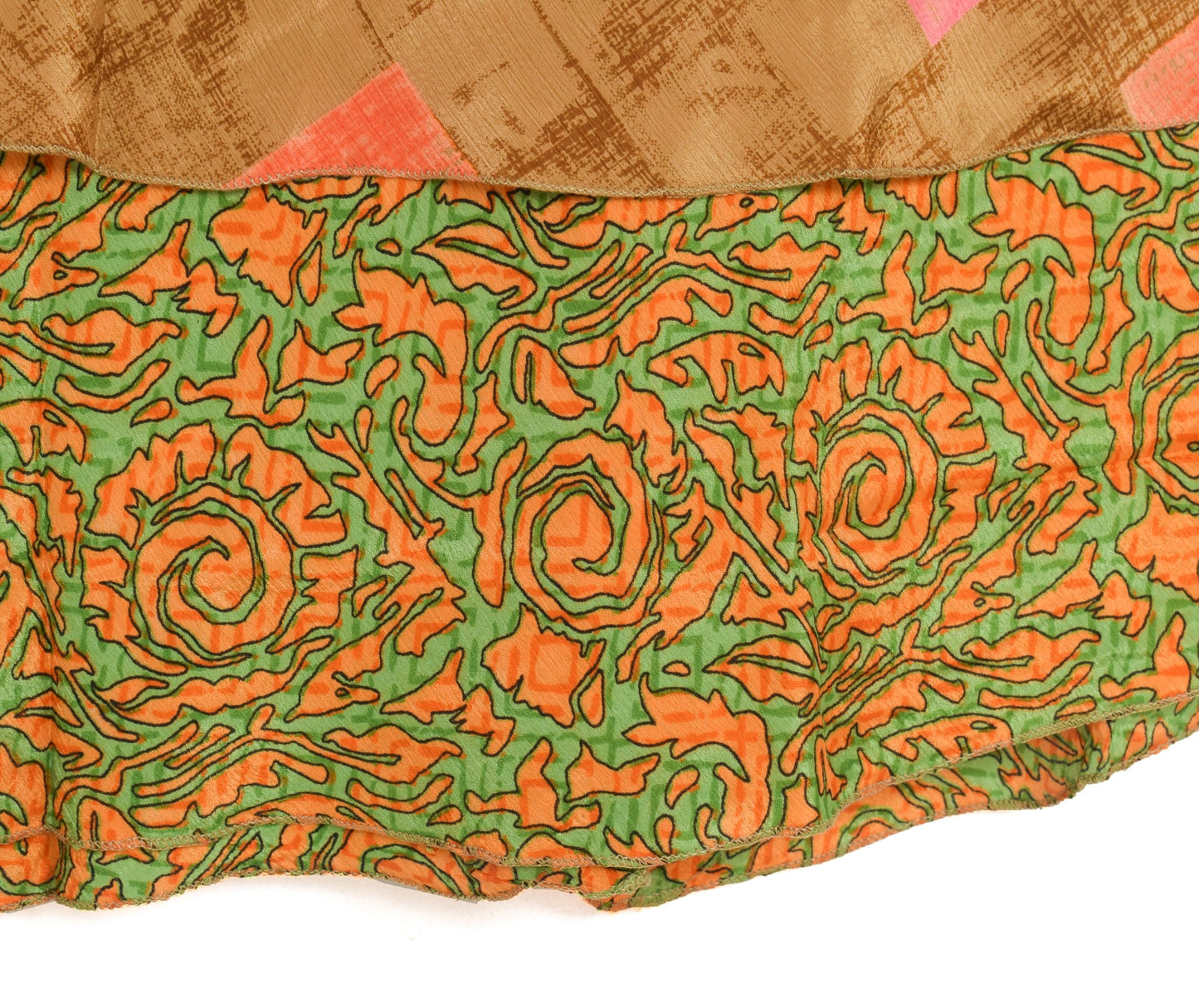 Sushila Vintage Silk Saree Magic Wrap Green Orange Reversible Skirt Beach Dress