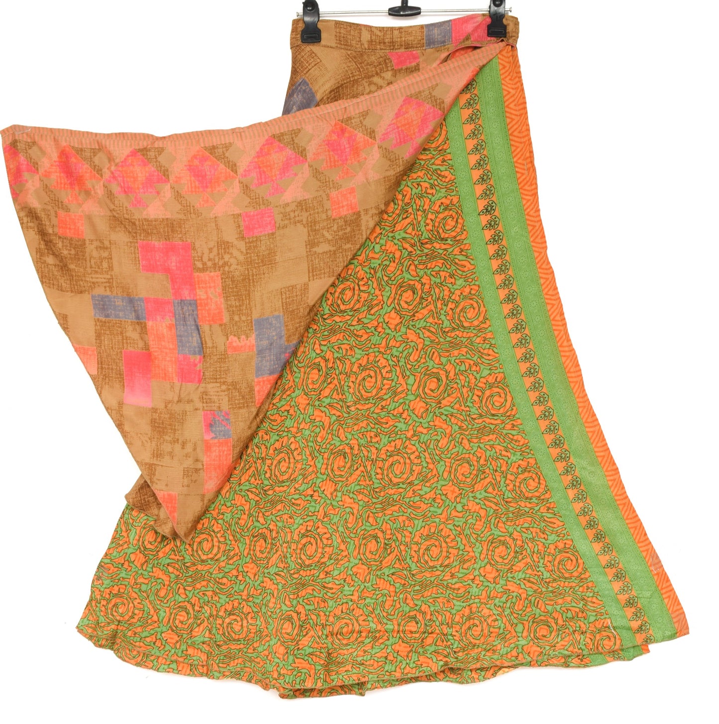 Sushila Vintage Silk Saree Magic Wrap Green Orange Reversible Skirt Beach Dress