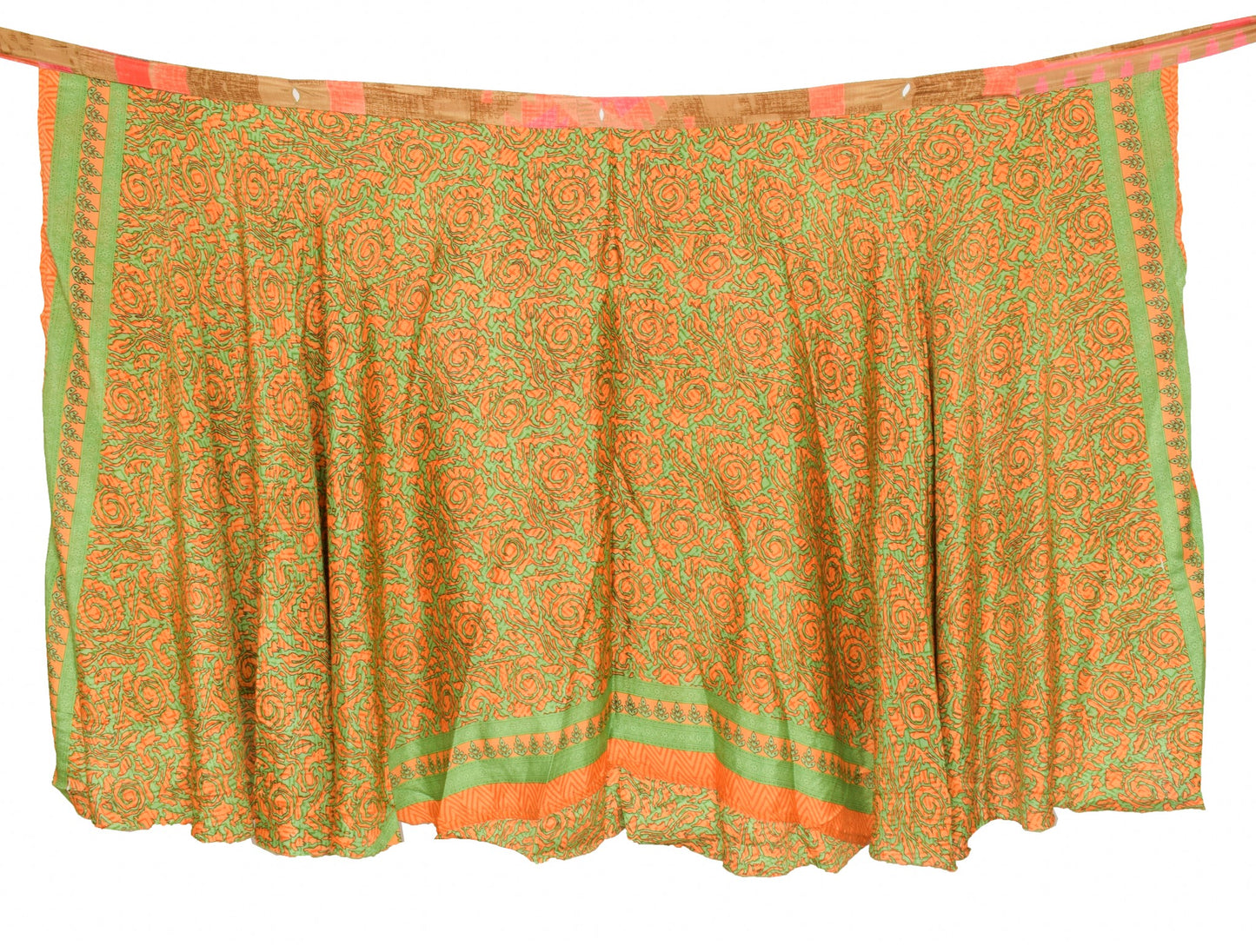 Sushila Vintage Silk Saree Magic Wrap Green Orange Reversible Skirt Beach Dress