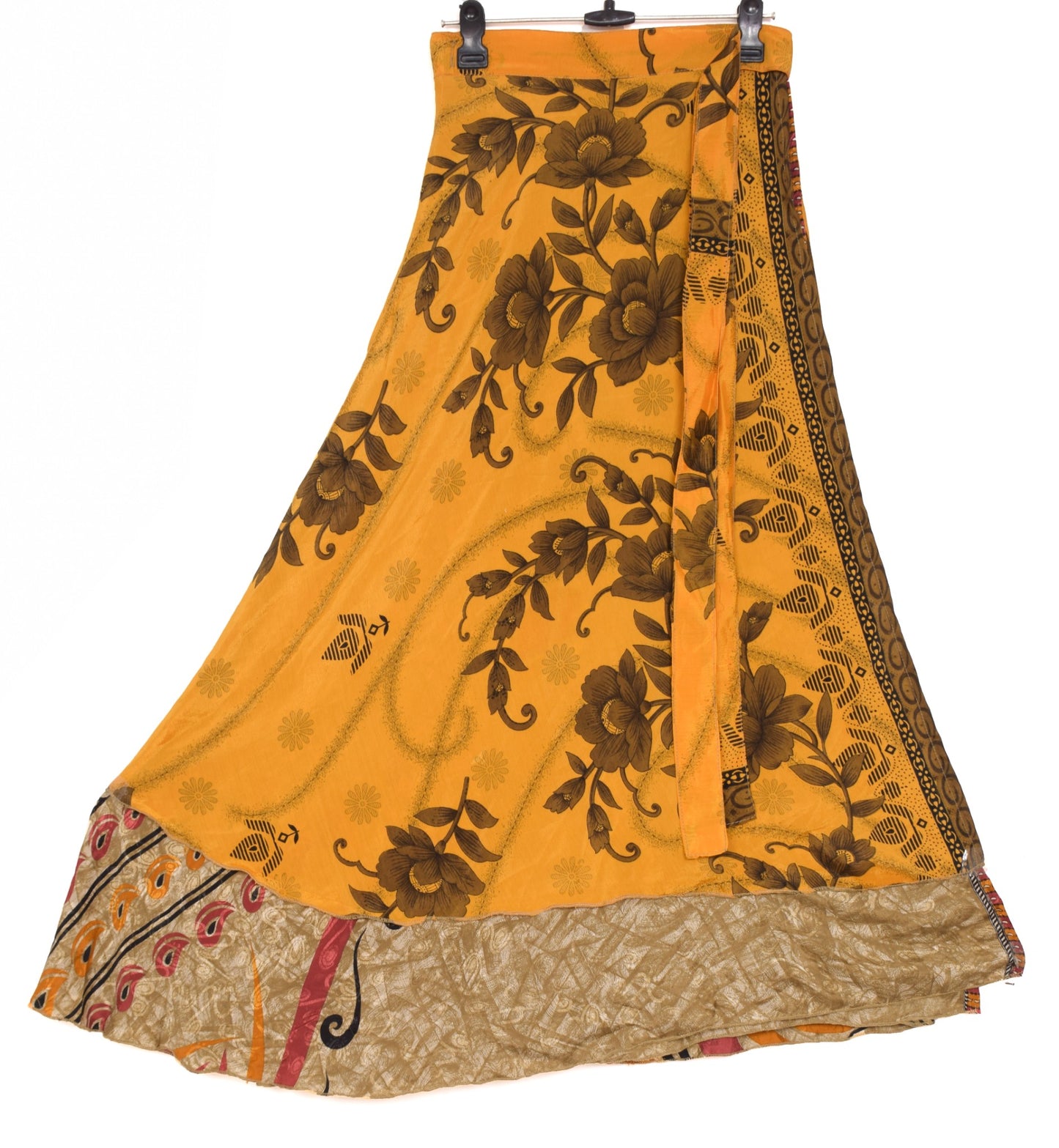 Sushila Vintage Brown Yellow Silk Saree Magic Wrap Reversible Skirt Beach Dress