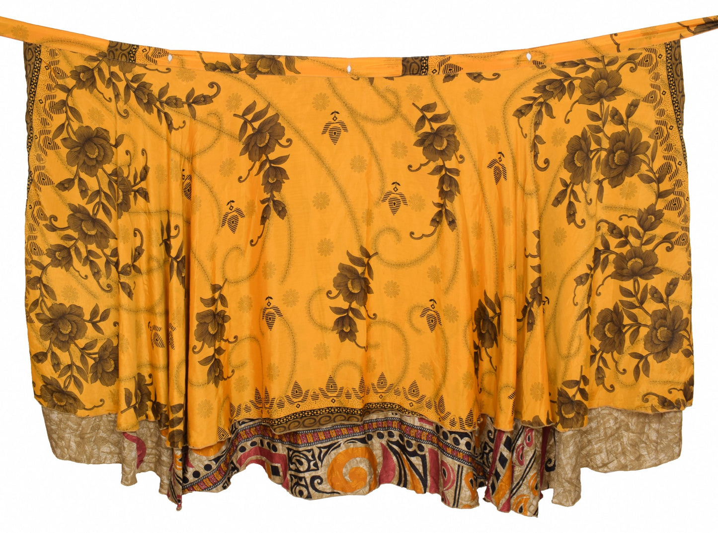 Sushila Vintage Brown Yellow Silk Saree Magic Wrap Reversible Skirt Beach Dress