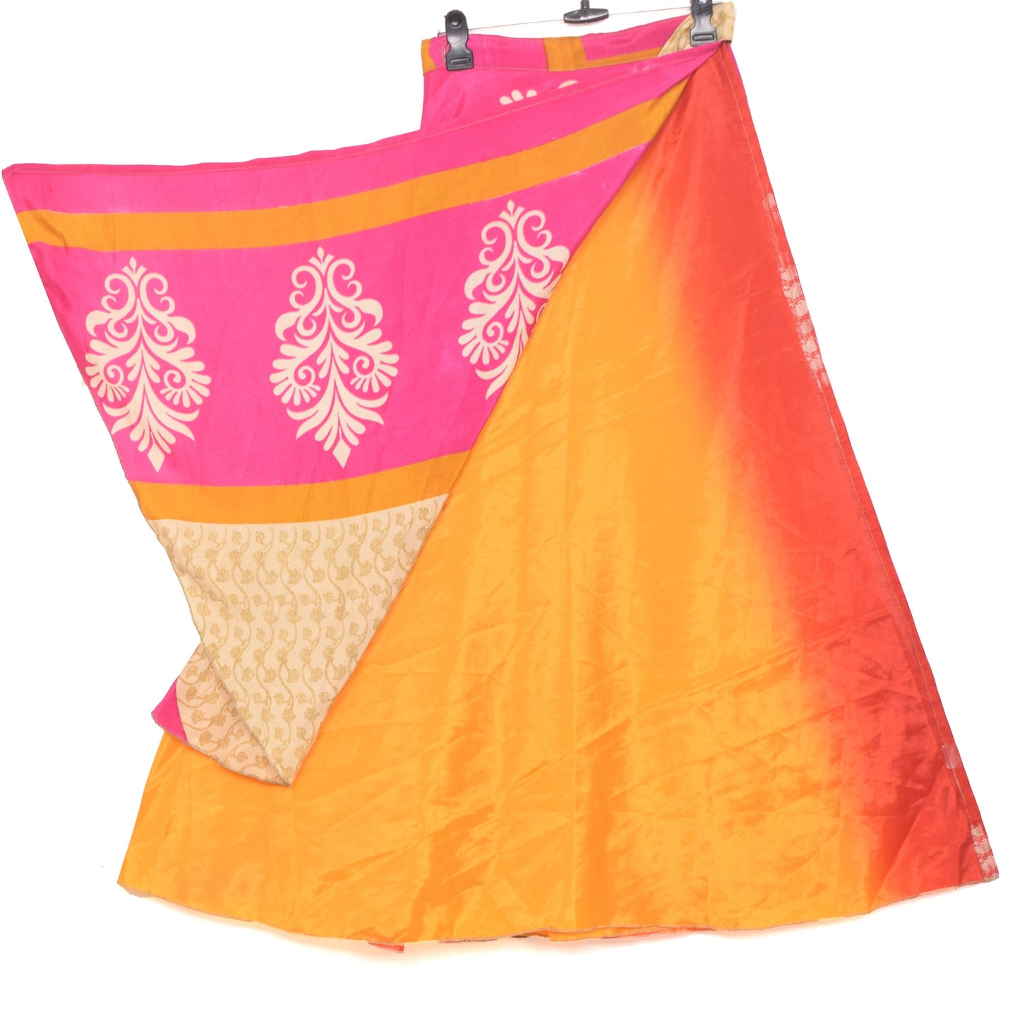 Sushila Vintage Magic Wrap Orange Art Silk Saree Reversible Skirt Beach Dress