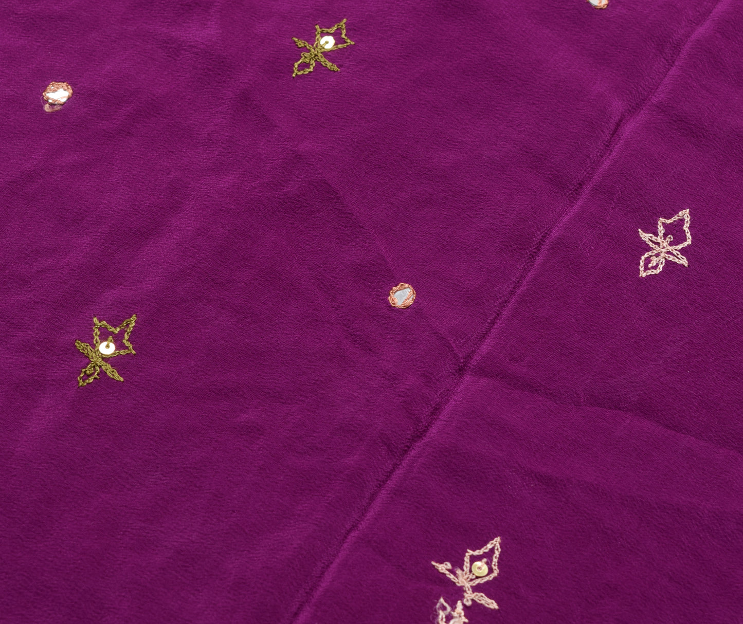 Sushila Vintage Purple Crepe Sari Remnant Scrap Floral Embroidered Craft Fabric