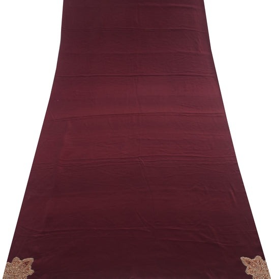 Sushila Vintage Maroon Crepe Sari Remnant Scrap Embroidered Soft Craft Fabric