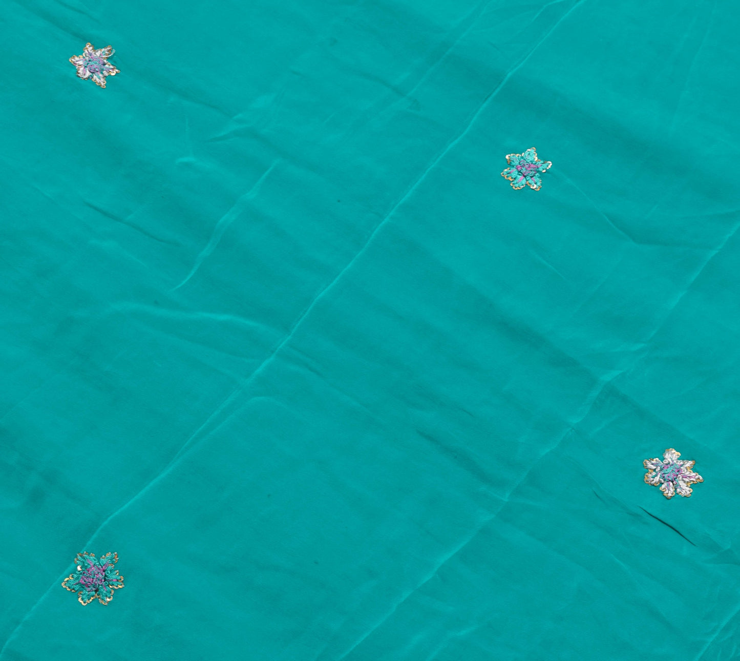 Sushila Vintage Teal Green Sari Hand Embroidered Silk Remnant Scrap Craft Fabric