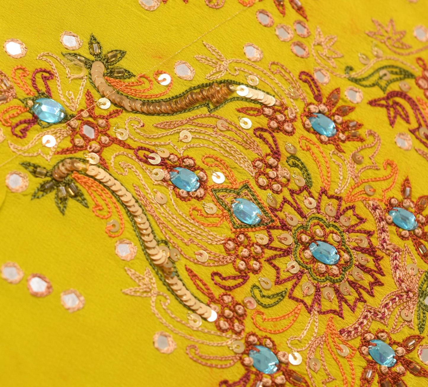 Sushila Vintage Green Sari Remnant Scrap Hand Beaded Crepe Silk Craft Fabric