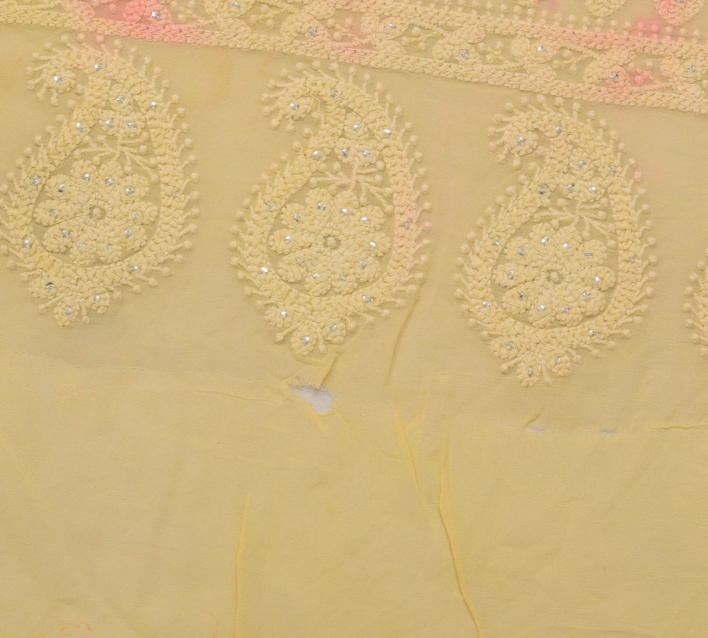 Sushila Vintage Yellow Sari Remnant Scrap Pure Georgette Chikankari Craft Fabric