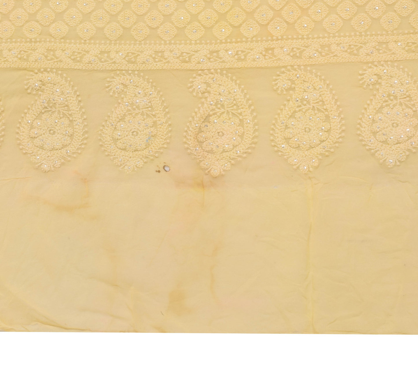 Sushila Vintage Yellow Sari Remnant Scrap Pure Georgette Chikankari Craft Fabric