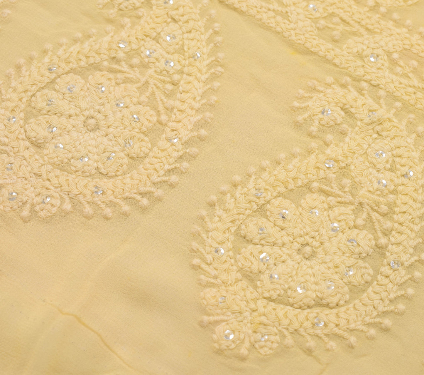 Sushila Vintage Yellow Sari Remnant Scrap Pure Georgette Chikankari Craft Fabric