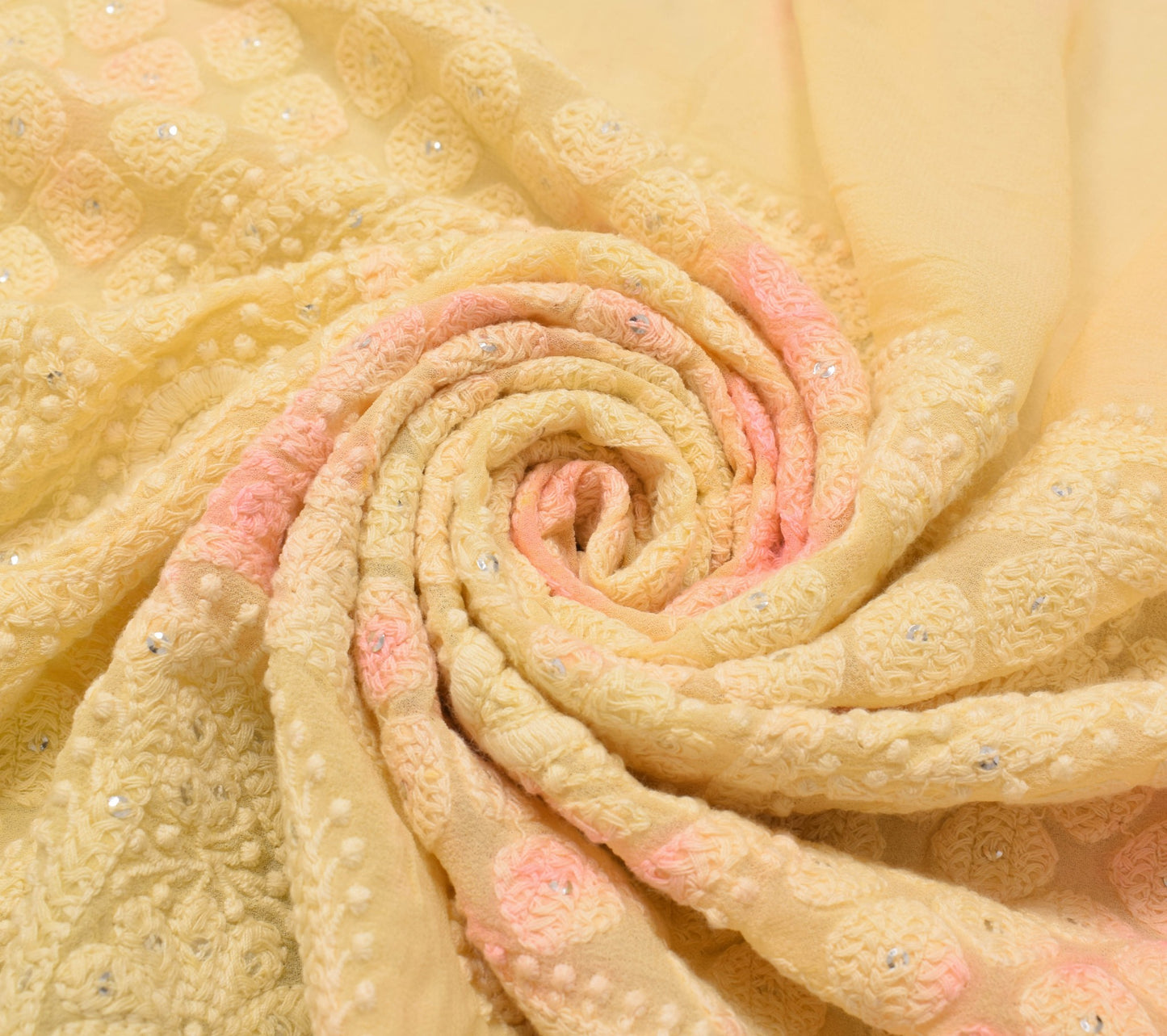 Sushila Vintage Yellow Sari Remnant Scrap Pure Georgette Chikankari Craft Fabric