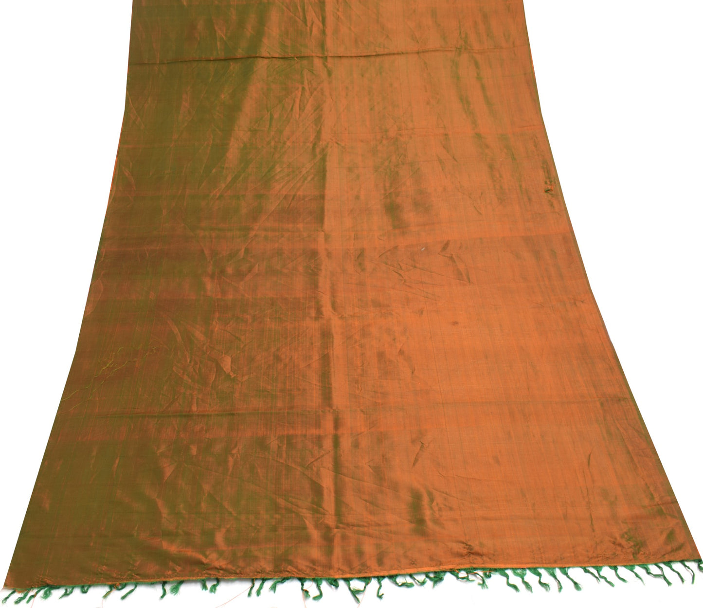 Sushila Vintage Green Orange Sari Remnant Scrap Pure Silk Dual Tone Craft Fabric