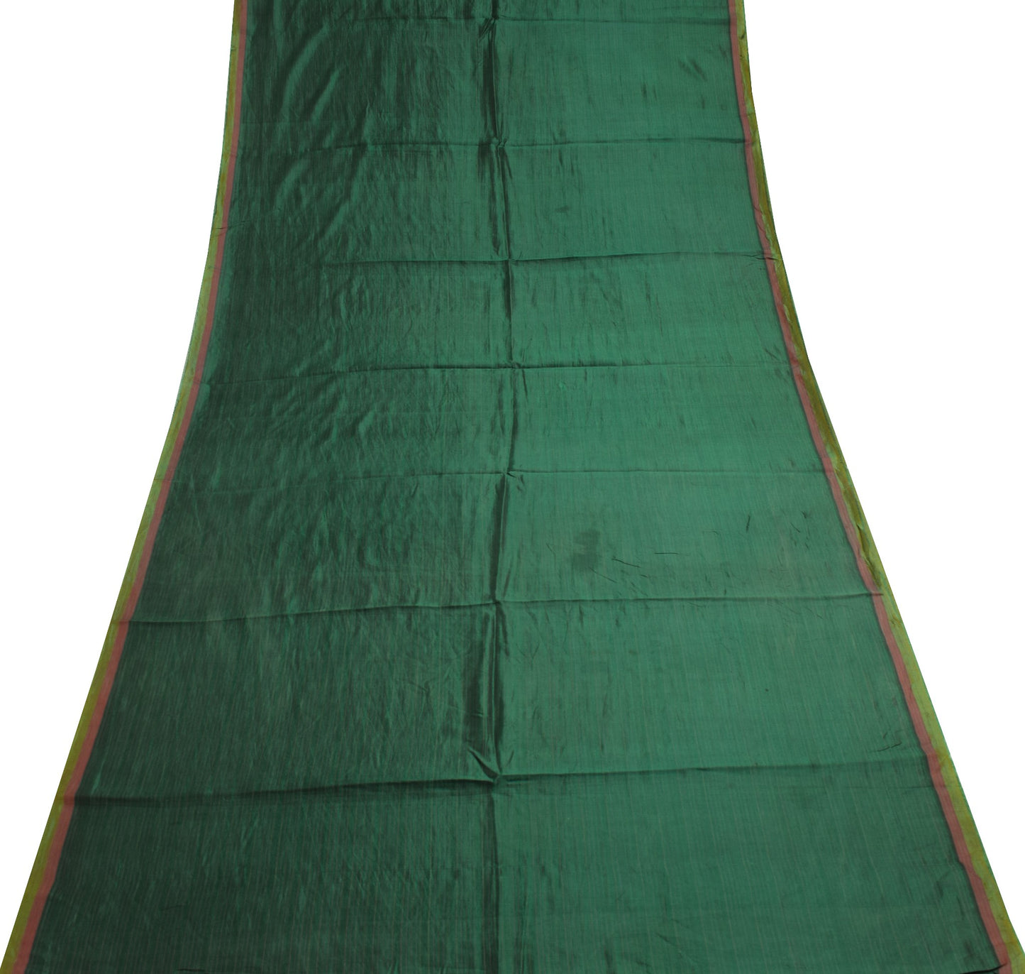 Sushila Vintage Green Sari Remnant Scrap Pure Silk Stripe Woven Craft Fabric