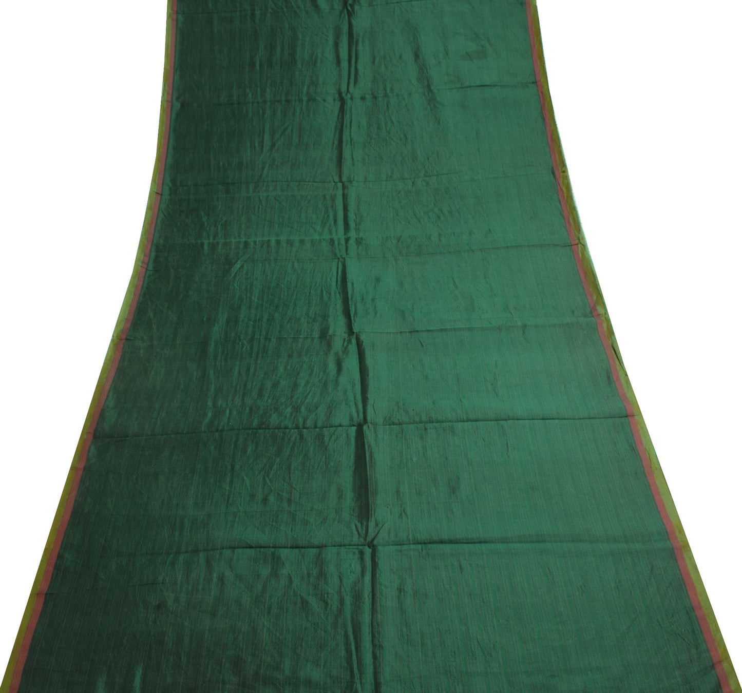 Sushila Vintage Green Sari Remnant Scrap Pure Silk Stripe Woven Craft Fabric