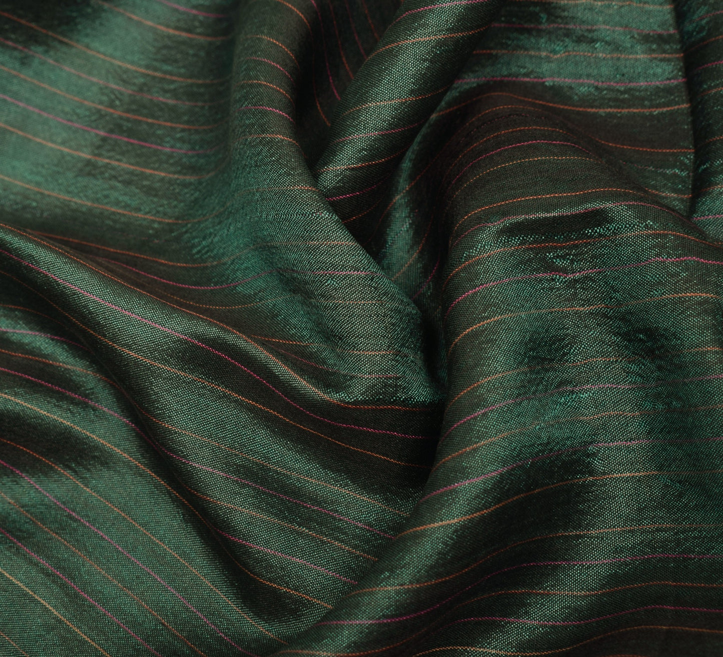 Sushila Vintage Green Sari Remnant Scrap Pure Silk Stripe Woven Craft Fabric