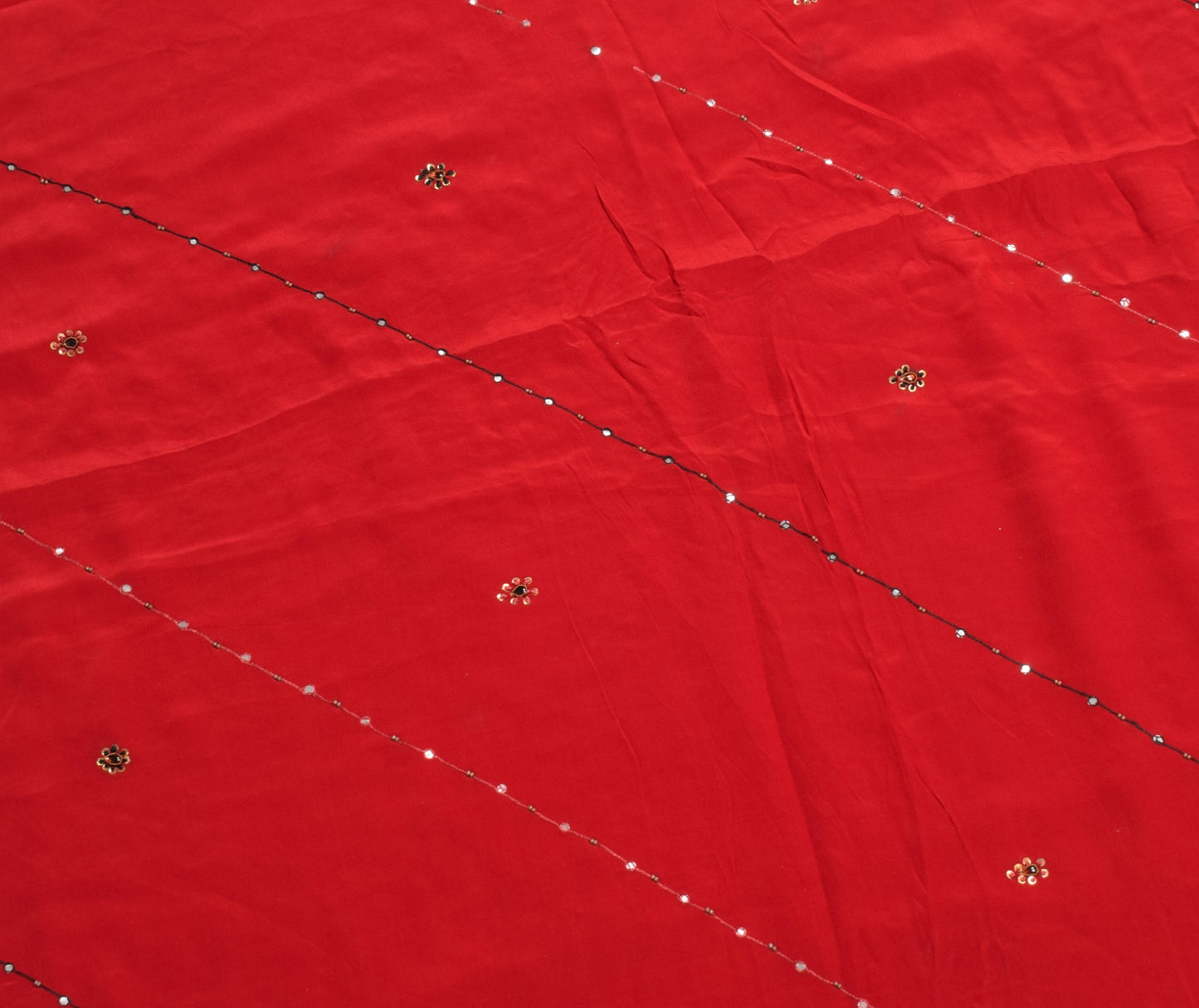 Sushila Vintage Dark Red Sari Remnant Scrap Pure Crepe Hand Work Craft Fabric